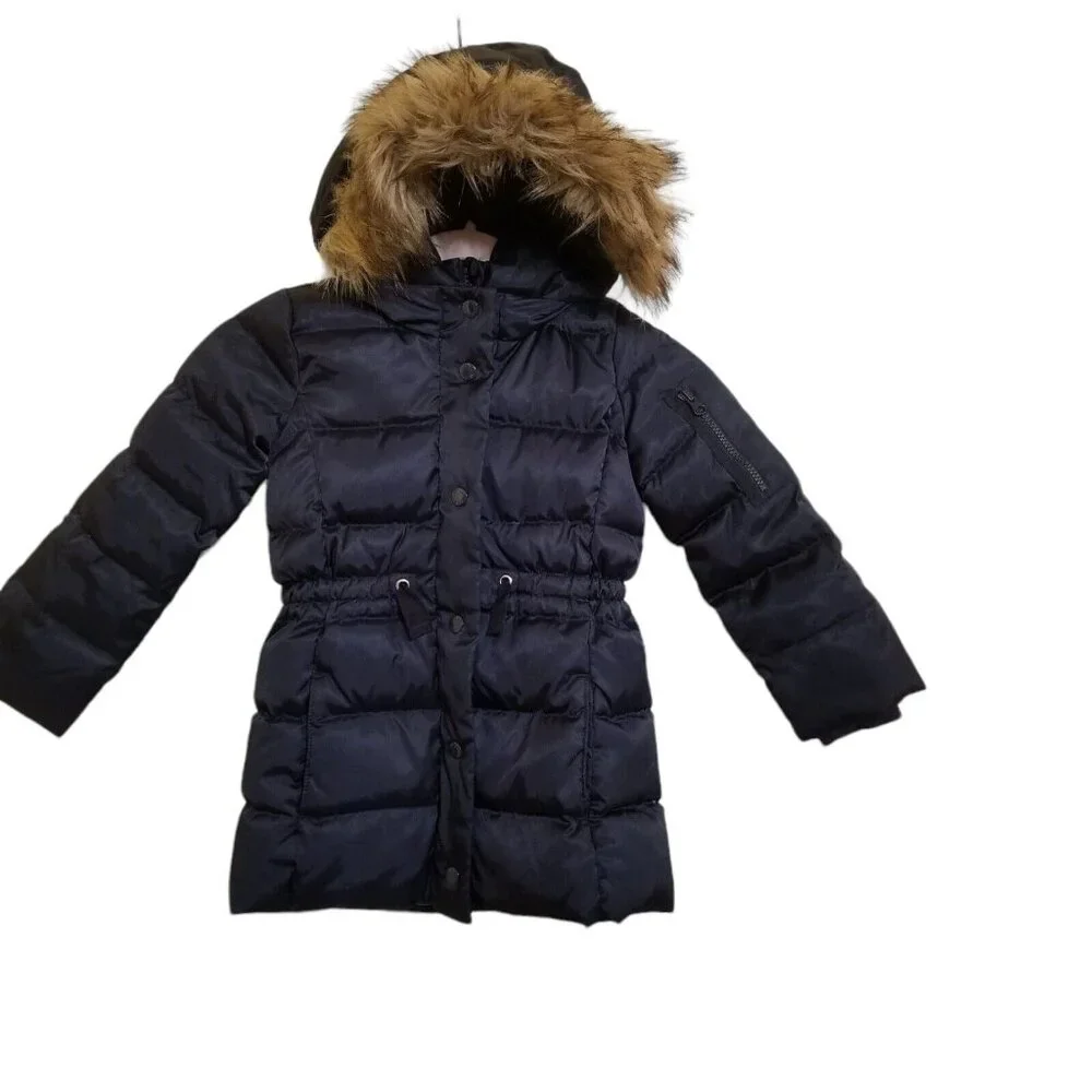 Gap Girls Down Puffer Jacket Coat‎ XS Blue Hooded Faux Fur Trim